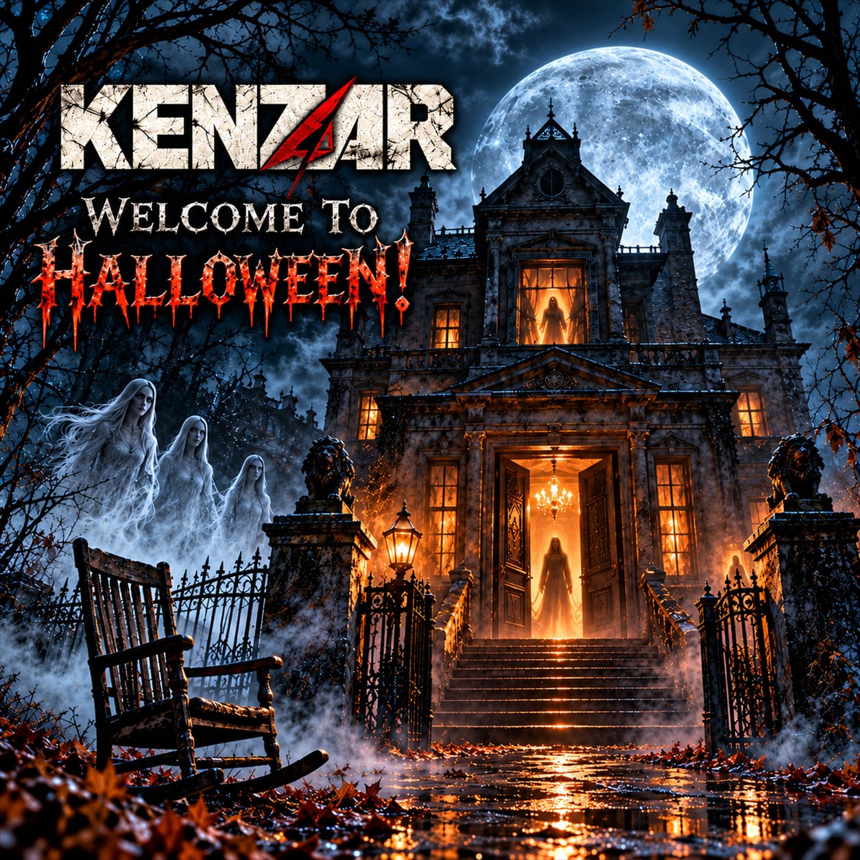 Omslag till Welcome to Halloween: en upplyst gotisk herrgård under fullmånen, med spöklika gestalter i dimman, en gungstol och en smidesgrind framför trappan. Texten på omslaget lyder: KENZAR – Welcome to Halloween!